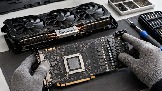 Simulated desktop graphics-card diagnosis on a professional repair bench