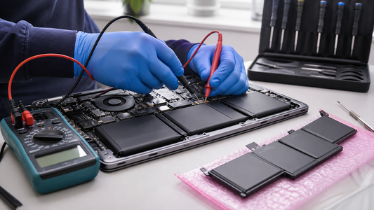 Simulated laptop battery and charging-system inspection on a repair bench