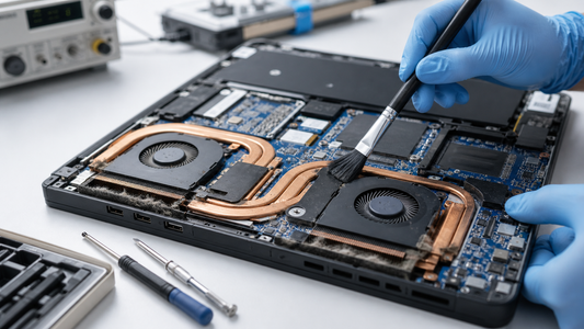 Simulated laptop cooling fan and heatsink service on a professional repair bench