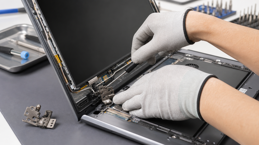 Simulated laptop hinge and display-cable inspection on a professional repair bench