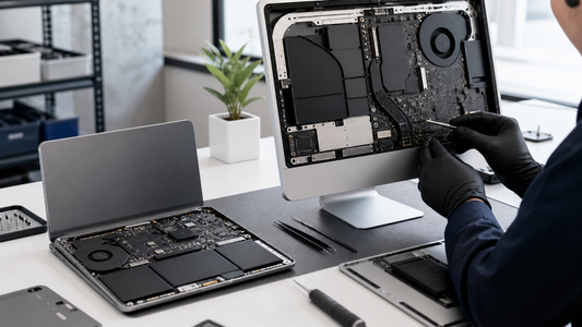 Simulated Mac computer hardware and startup diagnosis on a professional repair bench