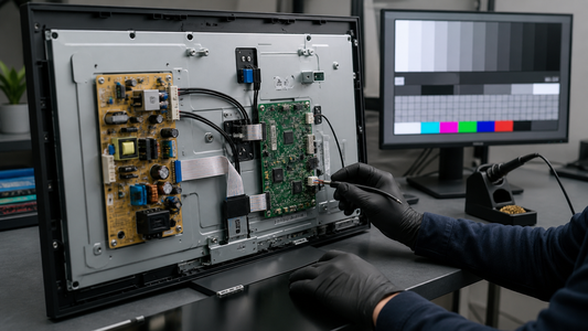 Simulated desktop monitor display diagnosis on a professional repair bench