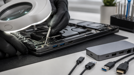 Simulated USB, HDMI and charging-port inspection on a professional repair bench