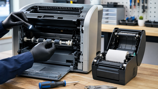 Simulated printer paper-feed and roller inspection on a clean repair bench