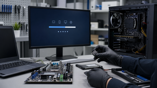 Simulated Windows computer BIOS and startup diagnosis on a repair bench