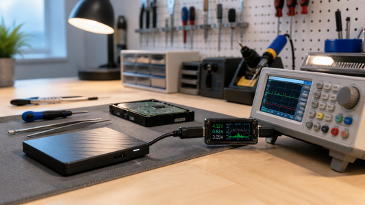 Simulated professional repair scene for External USB Storage Drive: Unstable storage power