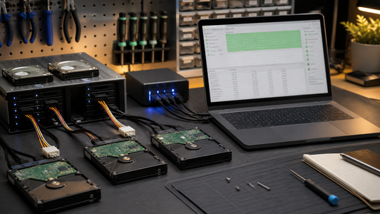 Simulated professional repair scene for NAS or RAID Storage Array: Drive firmware fault