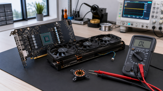 Simulated professional repair scene for Desktop GPU Cooling System: Open fan motor winding