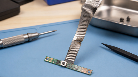 Simulated professional repair scene for Laptop Power Button Board: Fractured flex-cable trace