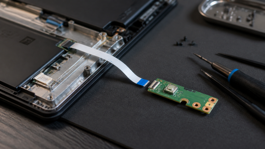 Simulated professional repair scene for Laptop Power Button Board: Loose internal flex cable