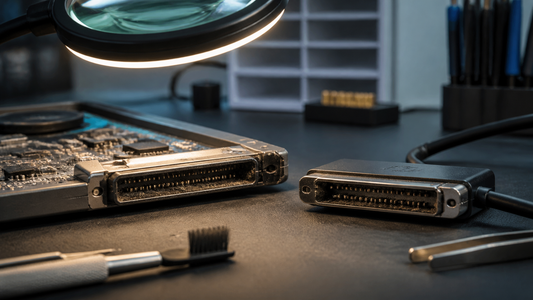 Simulated professional repair scene for Laptop Docking Connection: Debris inside the connector