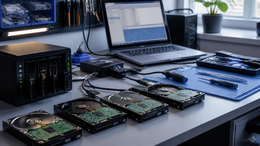 Simulated professional repair scene for NAS or RAID Storage Array: Worn storage media