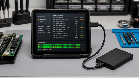 Simulated professional repair scene for External USB Storage Drive: Worn storage media