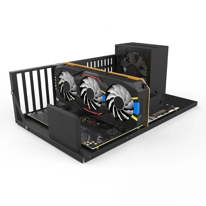 Black open-air PC test bench frame shown with example computer components
