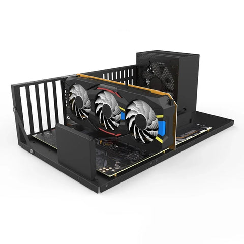 Black open-air PC test bench frame shown with example computer components