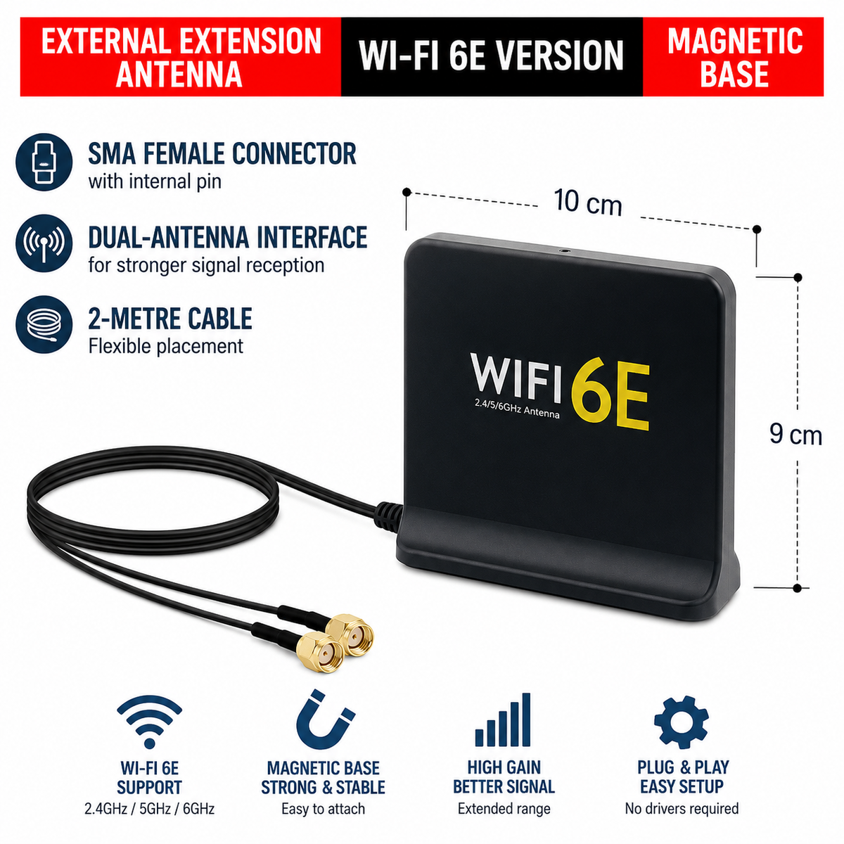 Wi-Fi 6E Tri-Band External Antenna with Magnetic Base 2m Extension Cable
