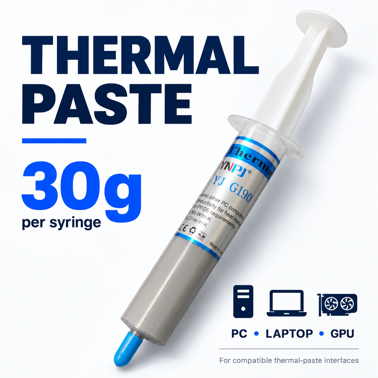 30g thermal paste dispensing syringe with protective blue cap for compatible PC, laptop and GPU servicing