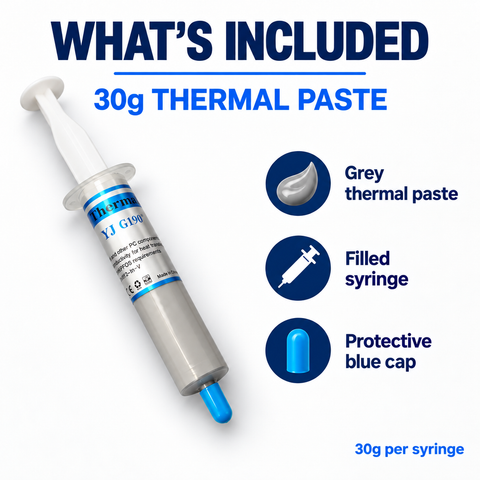 30g thermal paste package contents: grey thermal paste, filled dispensing syringe and protective blue cap