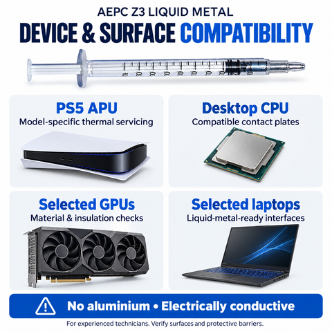 AEPC Z3 liquid metal compatibility guide for PS5 APU, desktop CPU, selected GPUs and laptops, with contact-surface and electrical-conductivity checks