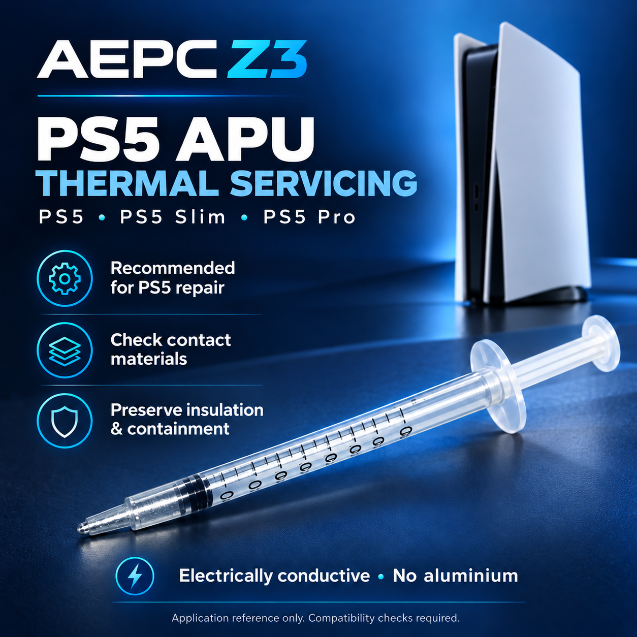 AEPC Z3 liquid metal recommended for professional PS5 APU servicing, with PS5 Slim and PS5 Pro material and containment checks