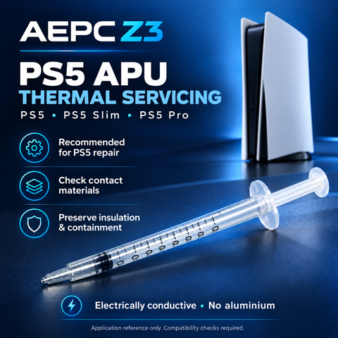 AEPC Z3 liquid metal recommended for professional PS5 APU servicing, with PS5 Slim and PS5 Pro material and containment checks