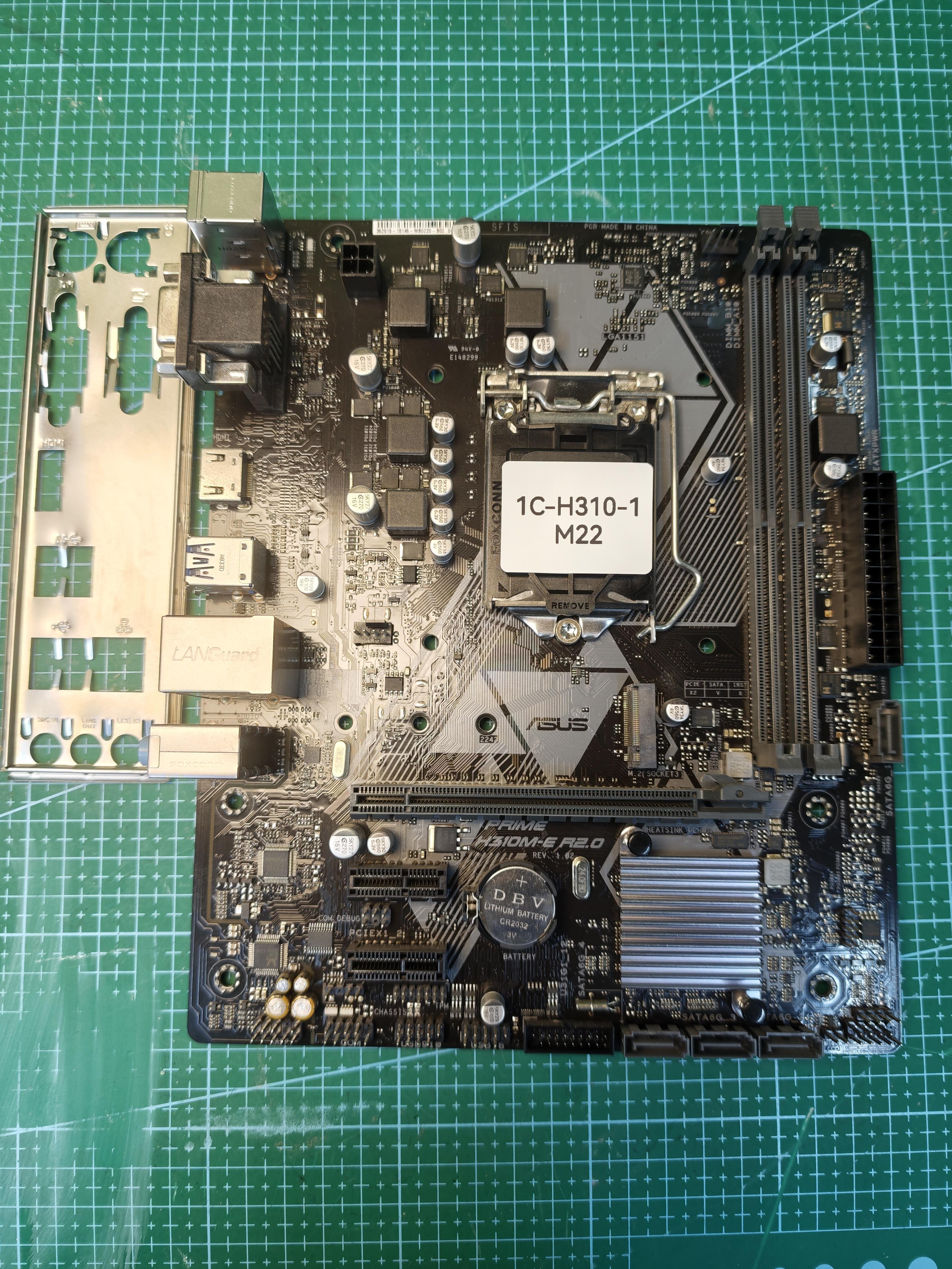 ASUS PRIME H310M-E R2.0 motherboard with I/O shield, inventory 1C-H310-1 M22