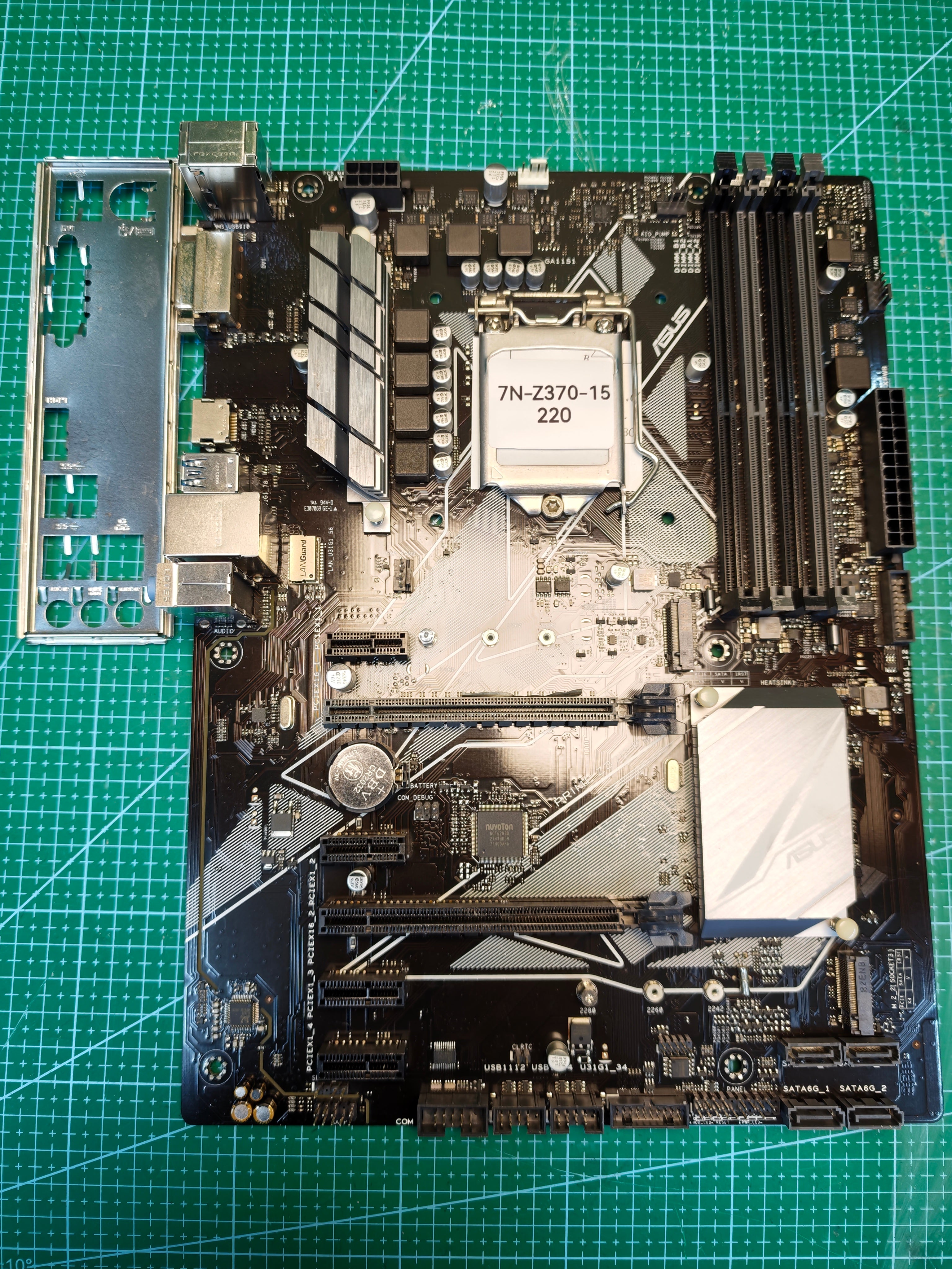 ASUS PRIME Z370-P ATX DDR4 motherboard with matching I/O shield, physical inventory number 7N-Z370-15
