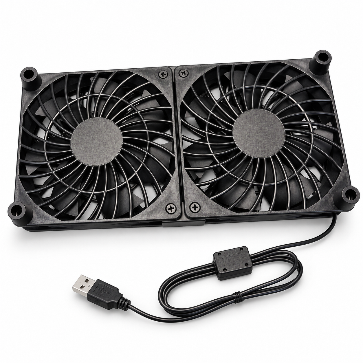 Studio-style image of the black dual USB cooling fan unit with USB-A cable on a white background