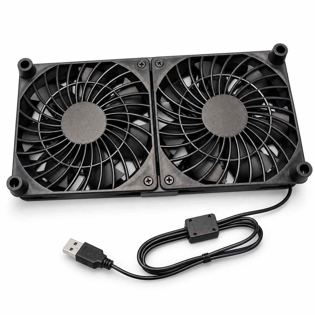 Studio-style image of the black dual USB cooling fan unit with USB-A cable on a white background