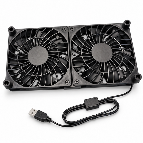 Studio-style image of the black dual USB cooling fan unit with USB-A cable on a white background