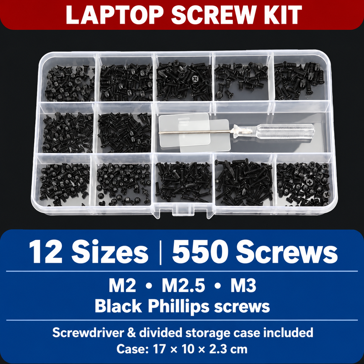Laptop screw kit with 550 black Phillips screws in 12 sizes, clear-handled screwdriver and divided storage case; English product overview