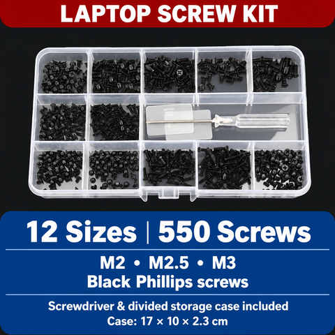 Laptop screw kit with 550 black Phillips screws in 12 sizes, clear-handled screwdriver and divided storage case; English product overview