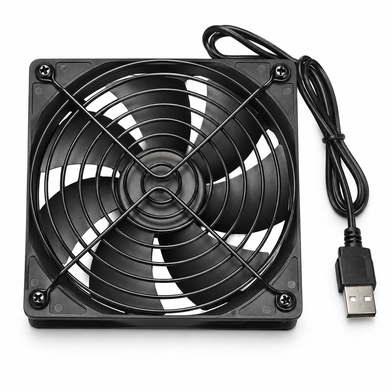 Studio-style white-background image of the black single USB cooling fan with front circular wire guard and attached USB-A cable