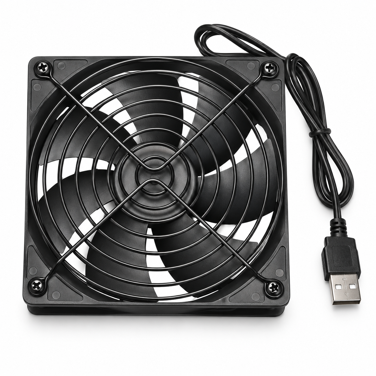Studio-style white-background image of the black single USB cooling fan with front circular wire guard and attached USB-A cable