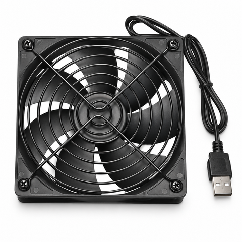 Studio-style white-background image of the black single USB cooling fan with front circular wire guard and attached USB-A cable
