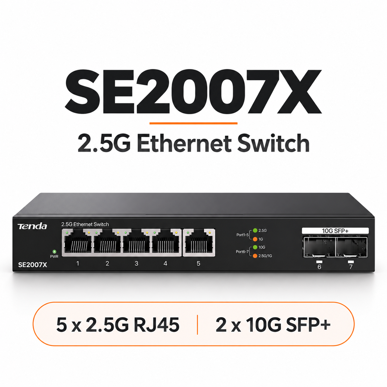 SE2007X 2.5G Ethernet switch with five 2.5G RJ45 ports and two 10G SFP+ slots