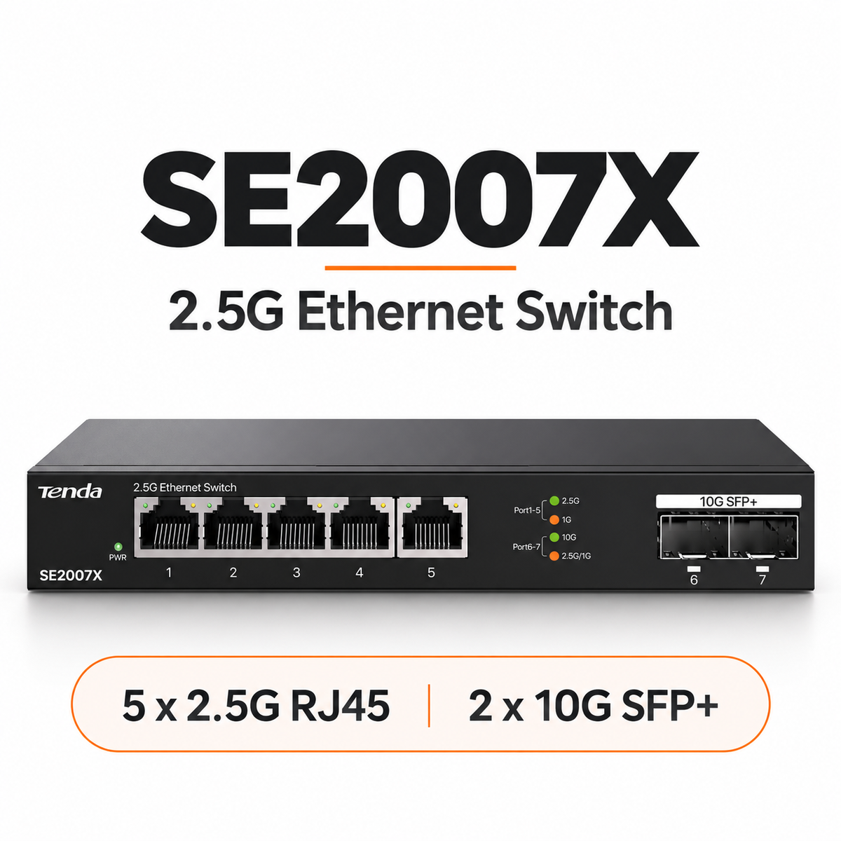SE2007X 2.5G Ethernet switch with five 2.5G RJ45 ports and two 10G SFP+ slots