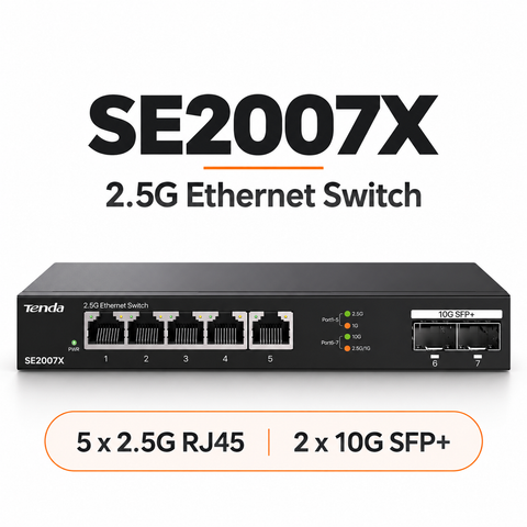 SE2007X 2.5G Ethernet switch with five 2.5G RJ45 ports and two 10G SFP+ slots
