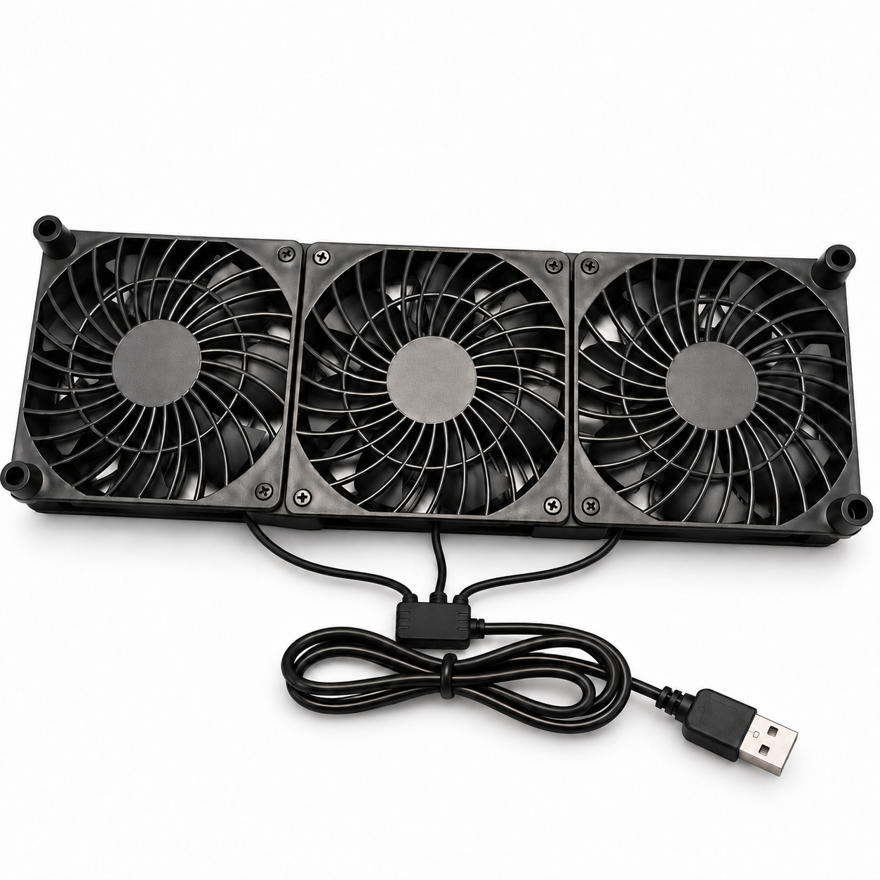 Studio-style image of the black triple USB cooling fan unit with USB-A cable on a white background