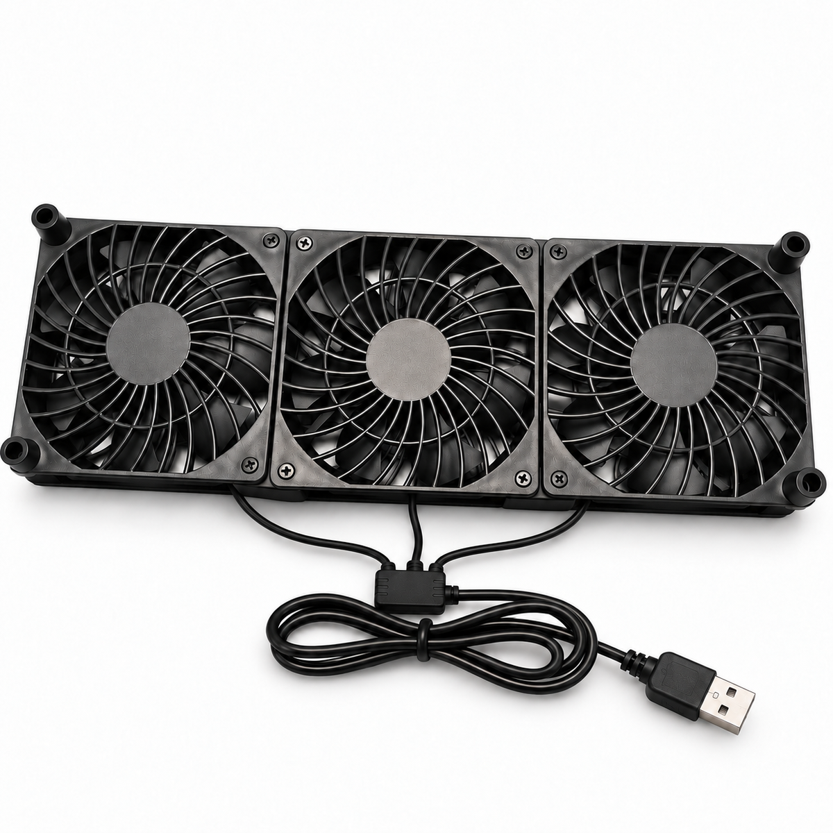 Studio-style image of the black triple USB cooling fan unit with USB-A cable on a white background