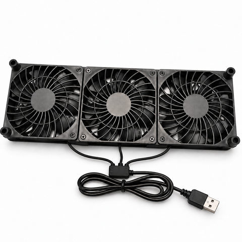 Studio-style image of the black triple USB cooling fan unit with USB-A cable on a white background